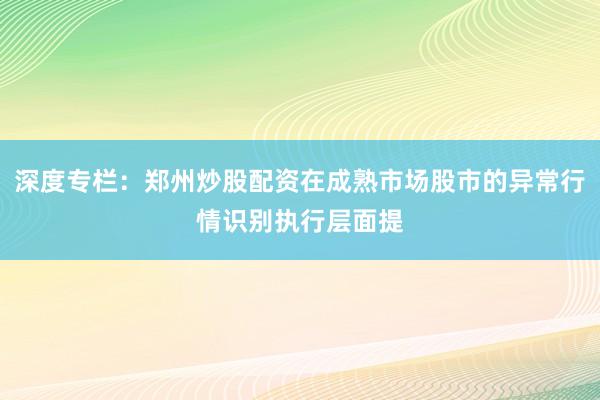 深度专栏:郑州炒股配资在成熟市场股市的异常行情识别执行层面提